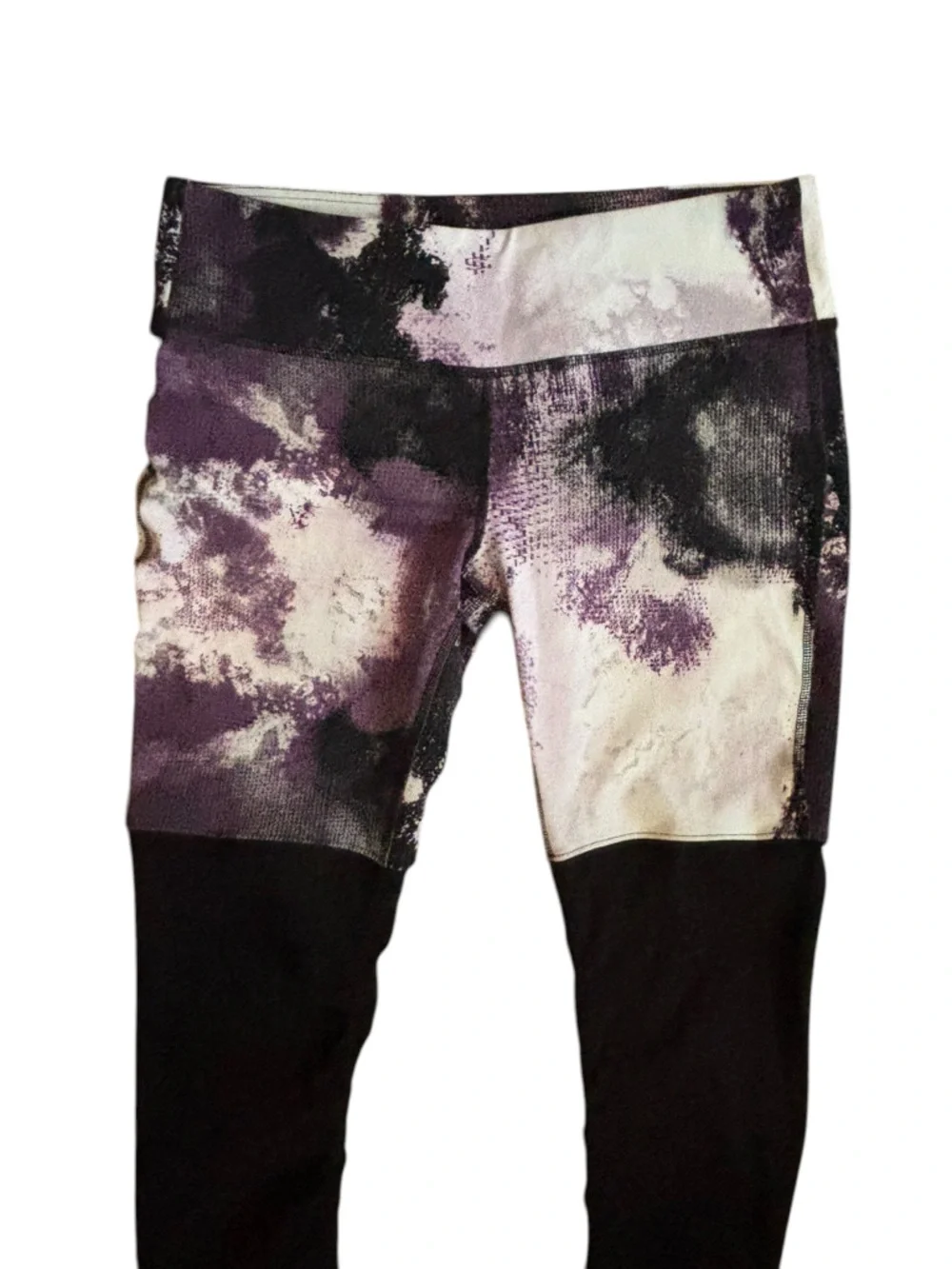 ALO Yoga Purple White Marble Print Goddess Leggings w Ribbed Black Trim, L